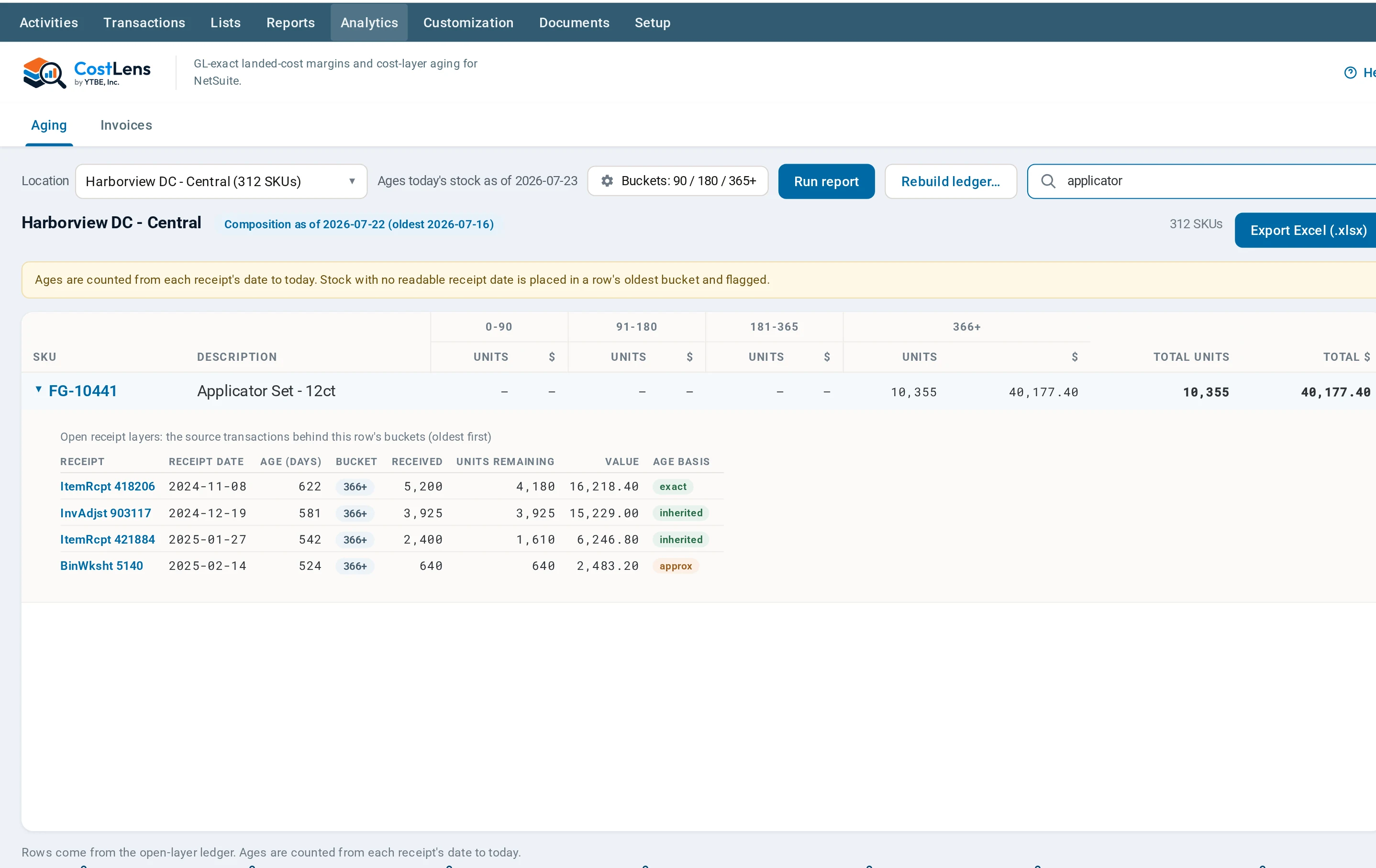CostLens: cost layers and inventory age for a location