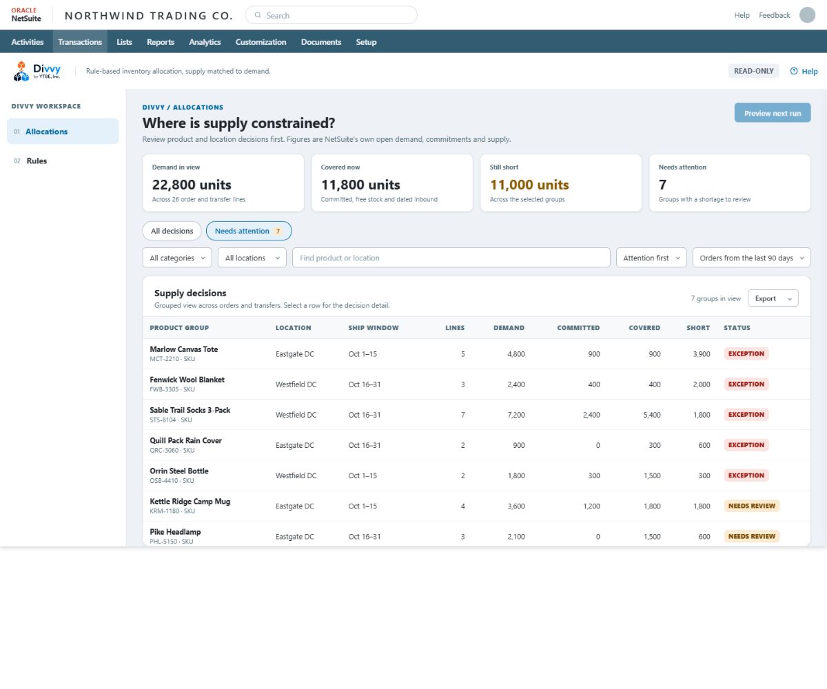 Divvy inventory allocation workspace