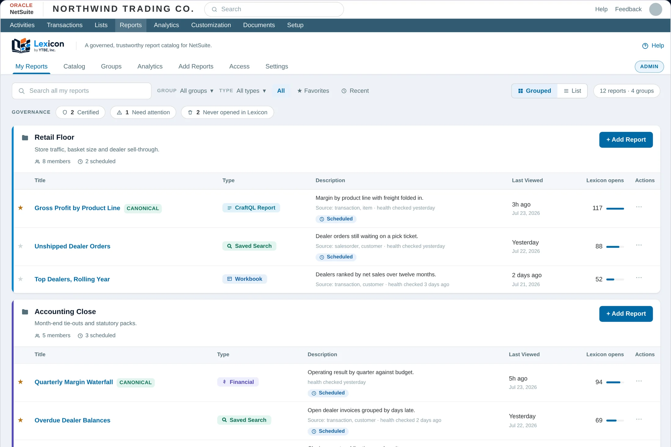 Lexicon governed report catalog