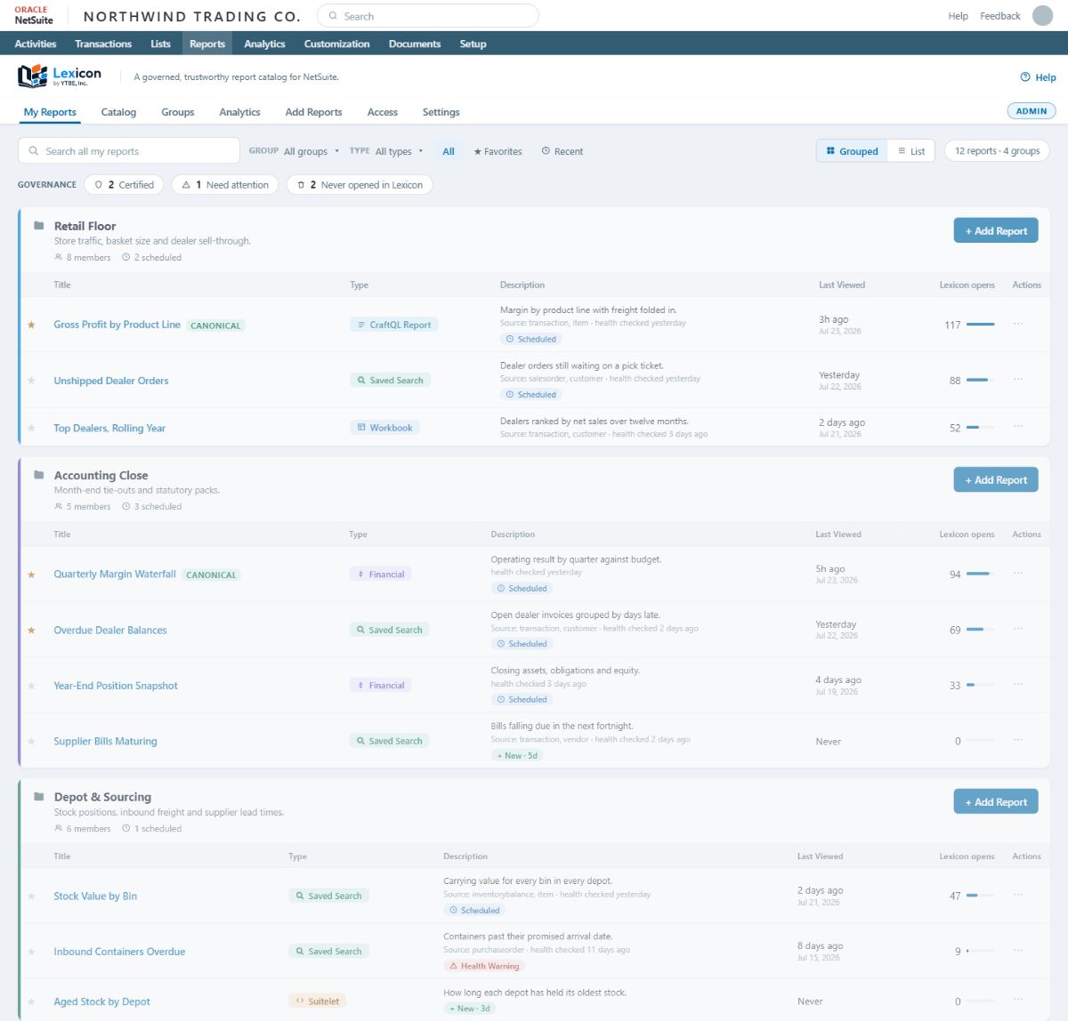 Lexicon governed report catalog